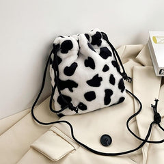 Cow Pattern Fluffy Bucket Bag Drawstring Small Crossbody Coin Purse
