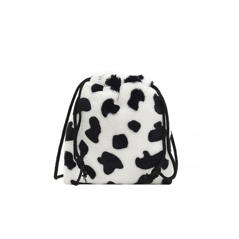 Cow Pattern Fluffy Bucket Bag Drawstring Small Crossbody Coin Purse