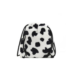 Cow Pattern Fluffy Bucket Bag Drawstring Small Crossbody Coin Purse