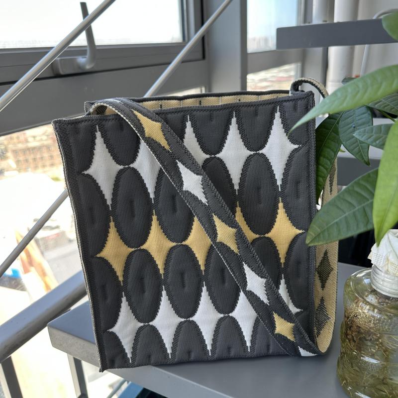 Colorblock Crochet Handbag Knitted Shoulder Bag Argyle Graphic Tote Bag