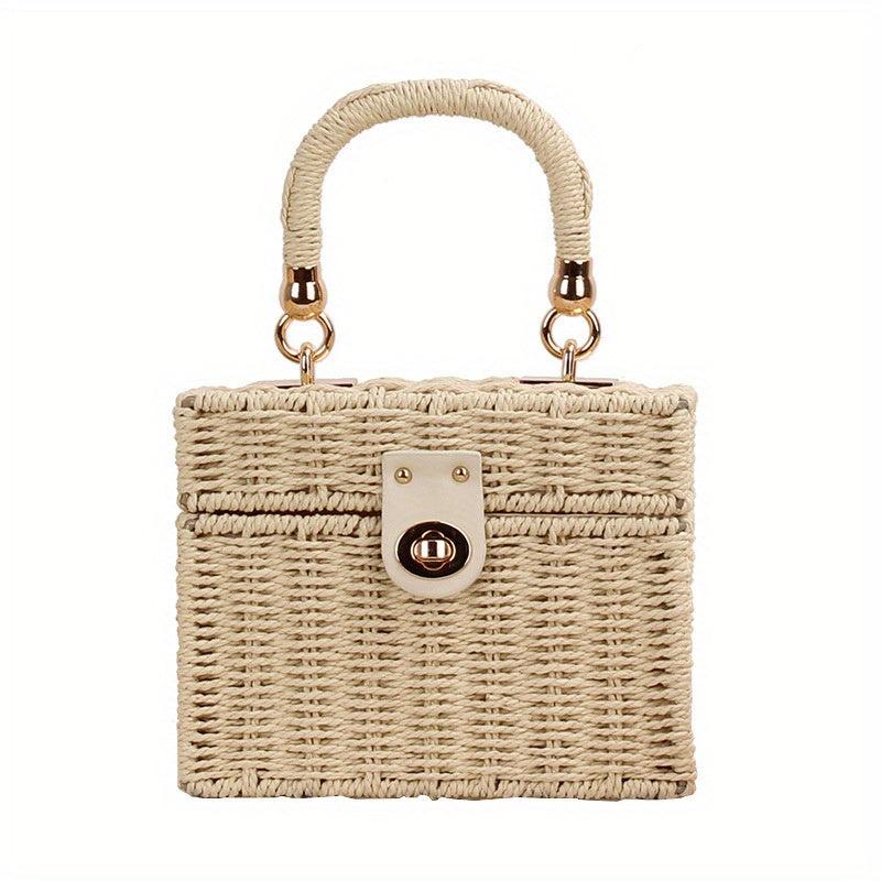 Straw Woven Boxer Shoulder Bag Metal Chain Crossbody Handbag