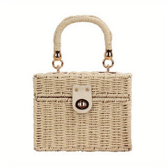 Straw Woven Boxer Shoulder Bag Metal Chain Crossbody Handbag