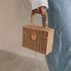 Straw Woven Boxer Shoulder Bag Metal Chain Crossbody Handbag