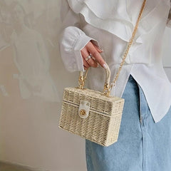 Straw Woven Boxer Shoulder Bag Metal Chain Crossbody Handbag