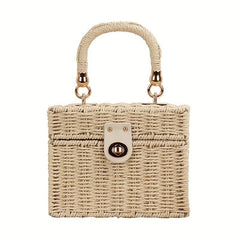 Straw Woven Boxer Shoulder Bag Metal Chain Crossbody Handbag