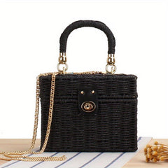 Straw Woven Boxer Shoulder Bag Metal Chain Crossbody Handbag