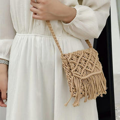 Boho Style Hollow Woven Crossbody Bag with Tassel, Summer Vacation Shoulder Bag