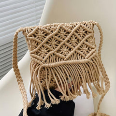 Boho Style Hollow Woven Crossbody Bag with Tassel, Summer Vacation Shoulder Bag