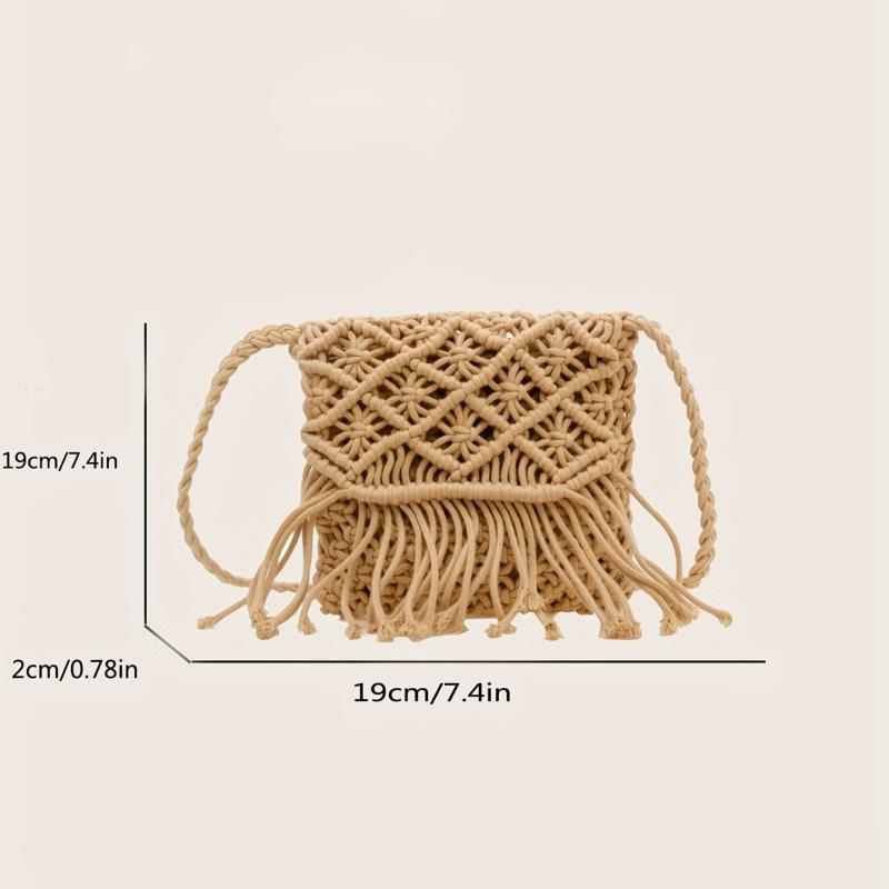 Boho Style Hollow Woven Crossbody Bag with Tassel, Summer Vacation Shoulder Bag