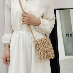 Boho Style Hollow Woven Crossbody Bag with Tassel, Summer Vacation Shoulder Bag