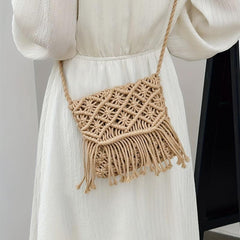 Boho Style Hollow Woven Crossbody Bag with Tassel, Summer Vacation Shoulder Bag