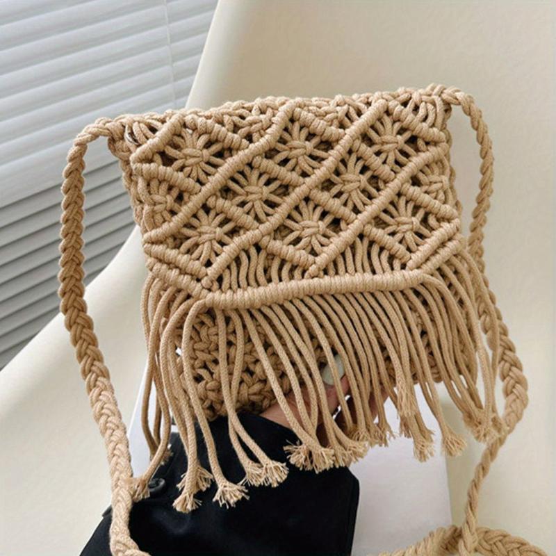 Boho Style Hollow Woven Crossbody Bag with Tassel, Summer Vacation Shoulder Bag
