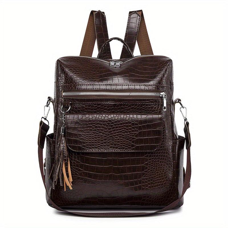 Crocodile Embossed Backpack Zipper Rucksack Classic Travel Daypack