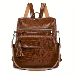 Crocodile Embossed Backpack Zipper Rucksack Classic Travel Daypack