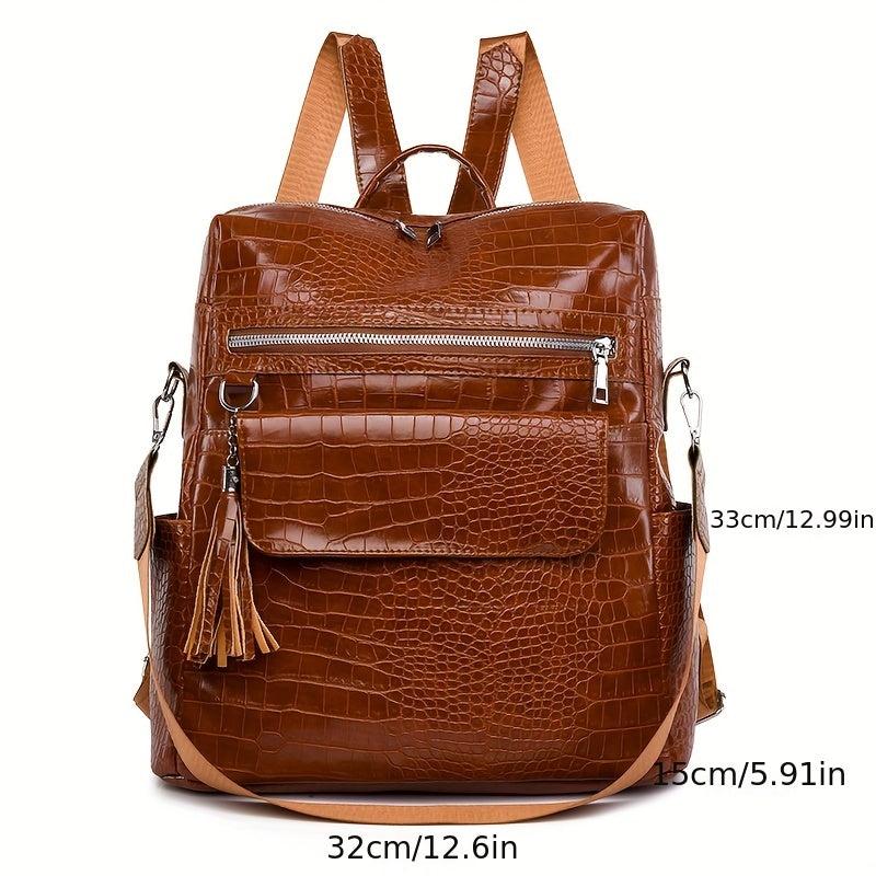 Crocodile Embossed Backpack Zipper Rucksack Classic Travel Daypack