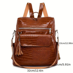 Crocodile Embossed Backpack Zipper Rucksack Classic Travel Daypack