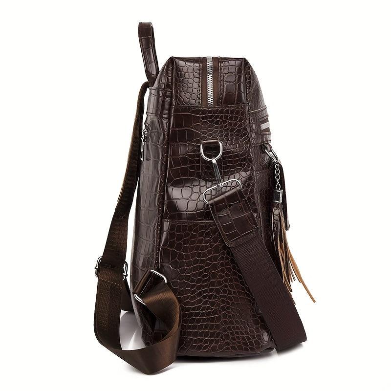 Crocodile Embossed Backpack Zipper Rucksack Classic Travel Daypack