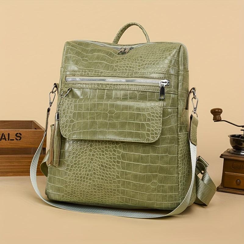 Crocodile Embossed Backpack Zipper Rucksack Classic Travel Daypack