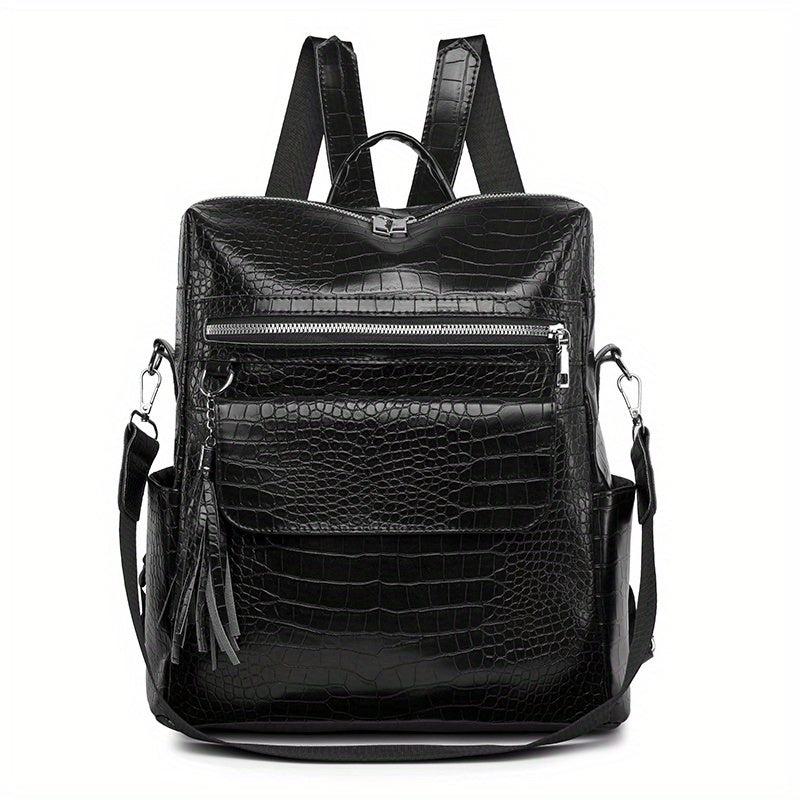 Crocodile Embossed Backpack Zipper Rucksack Classic Travel Daypack