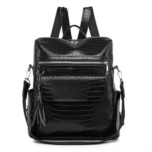 Crocodile Embossed Backpack Zipper Rucksack Classic Travel Daypack