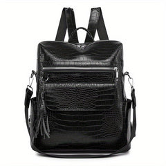 Crocodile Embossed Backpack Zipper Rucksack Classic Travel Daypack