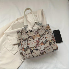 Cat Pattern Canvas Tote Bag Cartoon Chain Shoulder Bag Large Capacity Handbag