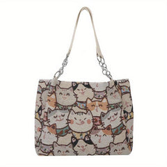 Cat Pattern Canvas Tote Bag Cartoon Chain Shoulder Bag Large Capacity Handbag