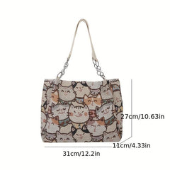 Cat Pattern Canvas Tote Bag Cartoon Chain Shoulder Bag Large Capacity Handbag