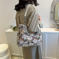 Cat Pattern Canvas Tote Bag Cartoon Chain Shoulder Bag Large Capacity Handbag