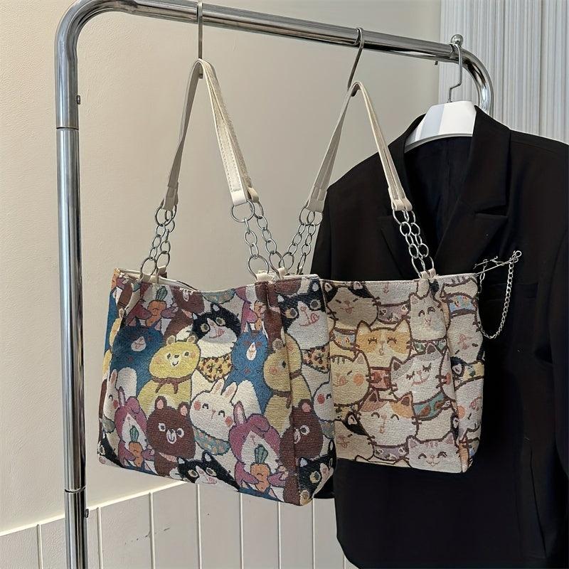 Cat Pattern Canvas Tote Bag Cartoon Chain Shoulder Bag Large Capacity Handbag