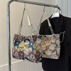 Cat Pattern Canvas Tote Bag Cartoon Chain Shoulder Bag Large Capacity Handbag