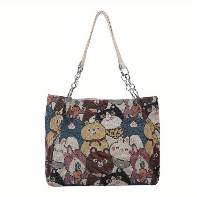 Cat Pattern Canvas Tote Bag Cartoon Chain Shoulder Bag Large Capacity Handbag