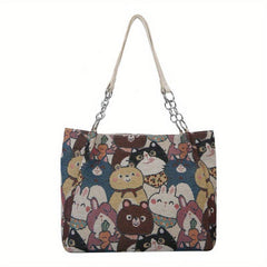 Cat Pattern Canvas Tote Bag Cartoon Chain Shoulder Bag Large Capacity Handbag