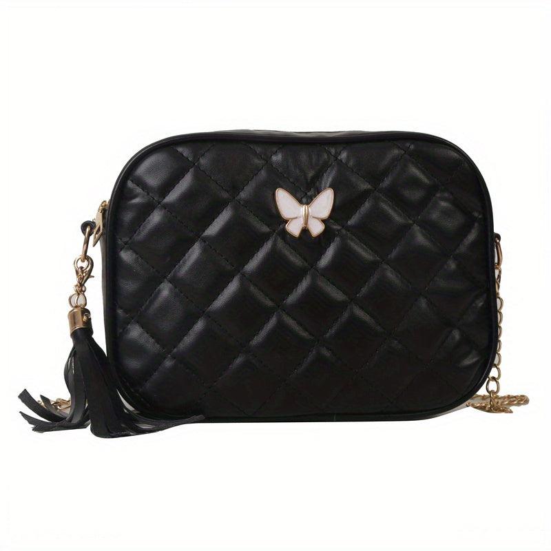 Argyle Quilted Crossbody Bag with Butterfly Decor