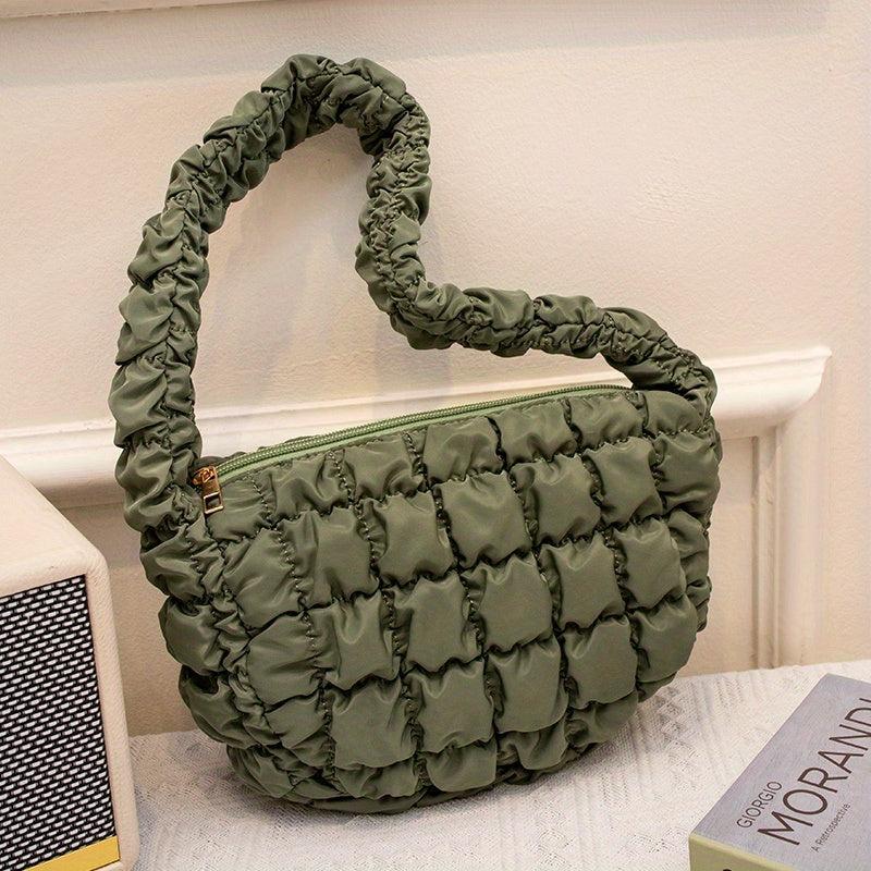 Ruched Plaid Pattern Handbag Solid Quilted Zipper Shoulder Bag