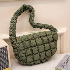 Ruched Plaid Pattern Handbag Solid Quilted Zipper Shoulder Bag