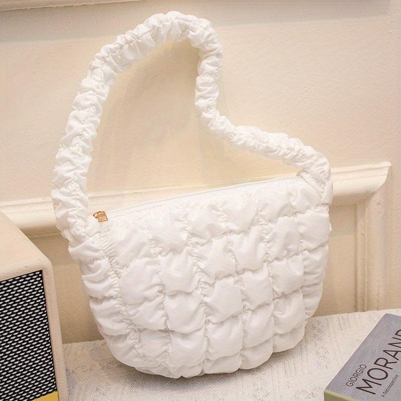 Ruched Plaid Pattern Handbag Solid Quilted Zipper Shoulder Bag