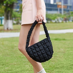 Ruched Plaid Pattern Handbag Solid Quilted Zipper Shoulder Bag