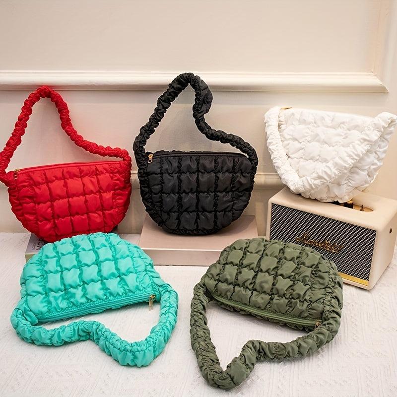 Ruched Plaid Pattern Handbag Solid Quilted Zipper Shoulder Bag