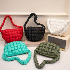 Ruched Plaid Pattern Handbag Solid Quilted Zipper Shoulder Bag