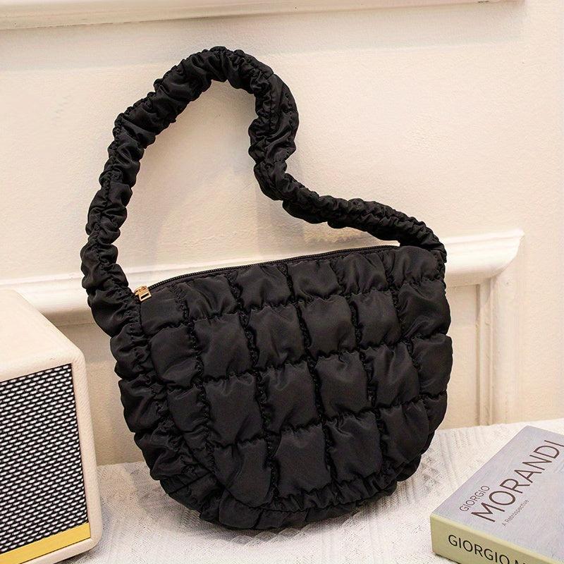 Ruched Plaid Pattern Handbag Solid Quilted Zipper Shoulder Bag