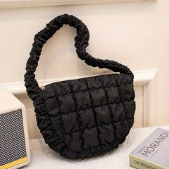 Ruched Plaid Pattern Handbag Solid Quilted Zipper Shoulder Bag