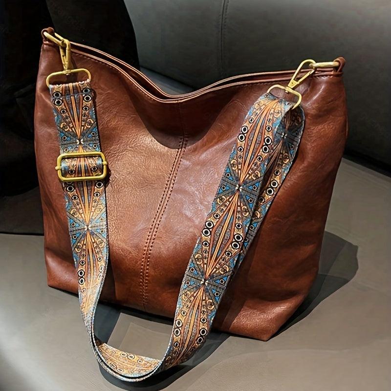 Geometric Strap Shoulder Bag Retro Style Crossbody Bag PU Leather Hobo Bag