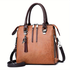 Tassel Decor Satchel Bag PU Leather Shoulder Bag Women's Double Handle