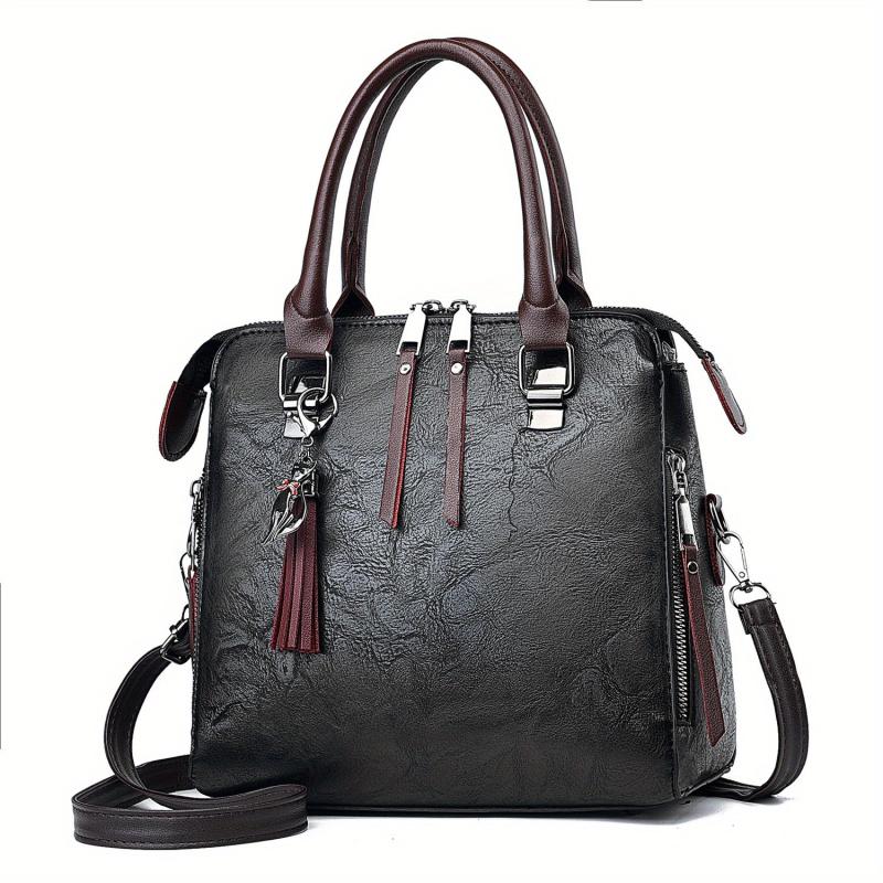 Tassel Decor Satchel Bag PU Leather Shoulder Bag Women's Double Handle