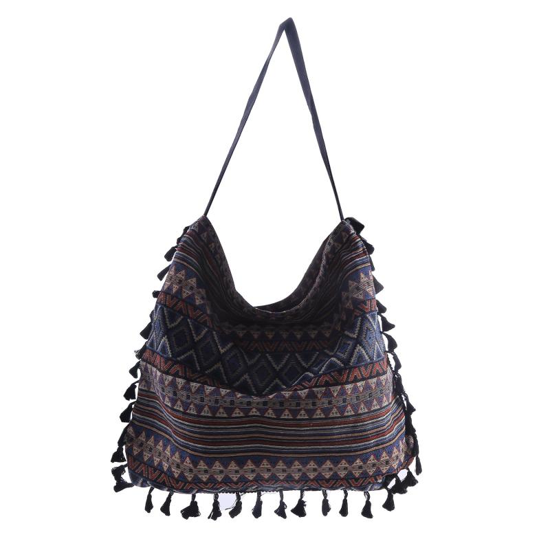 Ethnic Style Canvas Shoulder Bag Vintage Tassel Hobo Bag
