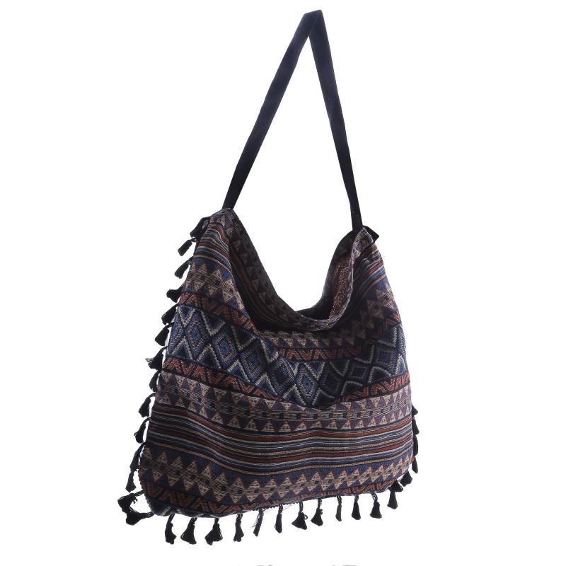 Ethnic Style Canvas Shoulder Bag Vintage Tassel Hobo Bag