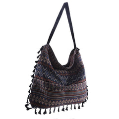 Ethnic Style Canvas Shoulder Bag Vintage Tassel Hobo Bag