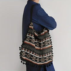 Ethnic Style Canvas Shoulder Bag Vintage Tassel Hobo Bag