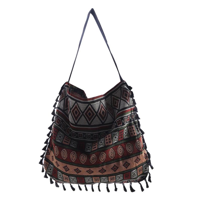 Ethnic Style Canvas Shoulder Bag Vintage Tassel Hobo Bag